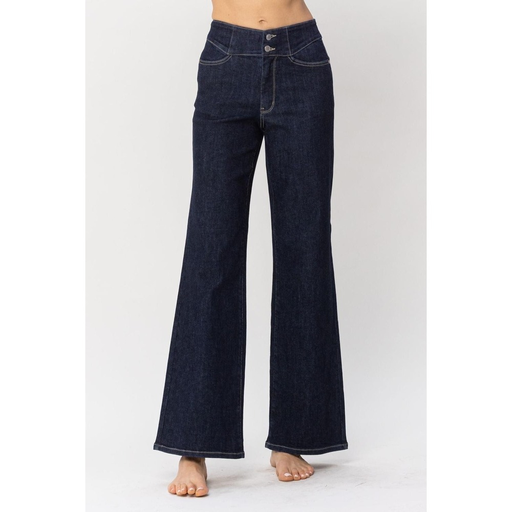 Judy Blue Jeans Women's 32x31 Wide Leg Blue Stretch Denim High Waist Embroidered